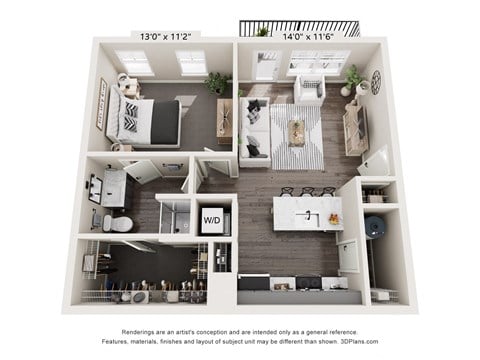 Floor plan for 1 bed, 1 bath, 705 sqft